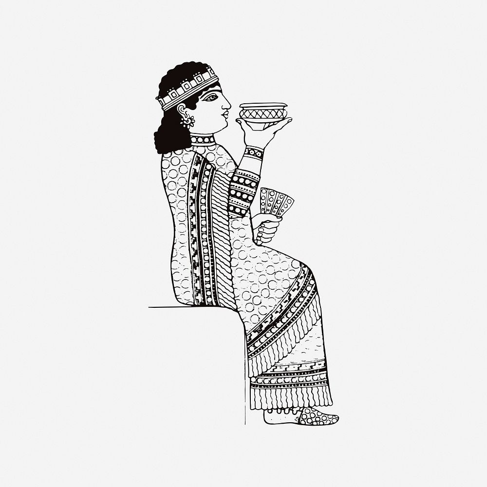 Assyrian clothes, vintage drawing illustration. Free public domain CC0 image.