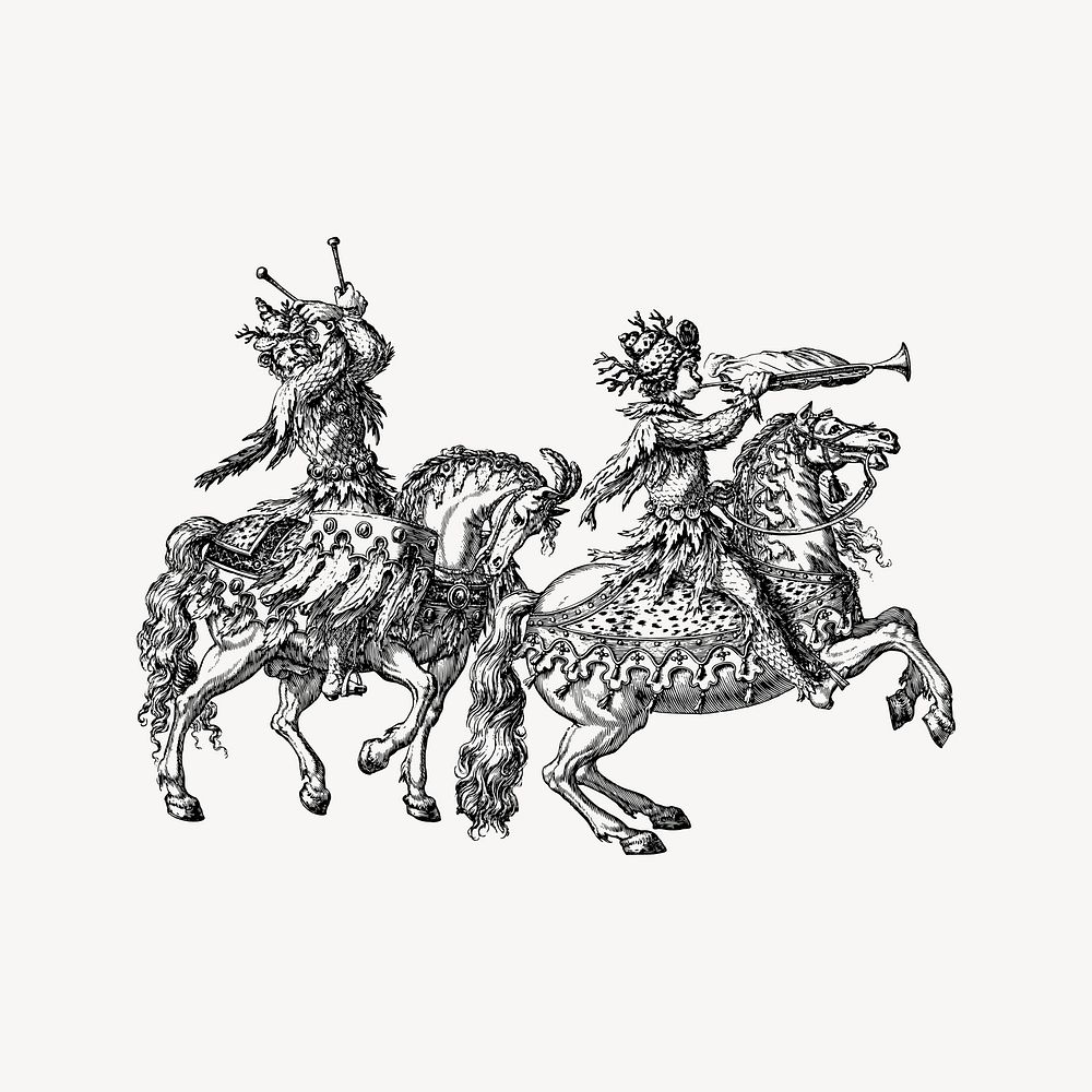 Men on horses collage element, drawing illustration vector. 