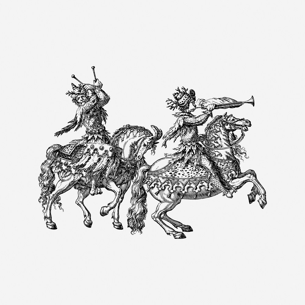 Men on horses, vintage drawing illustration. Free public domain CC0 image.