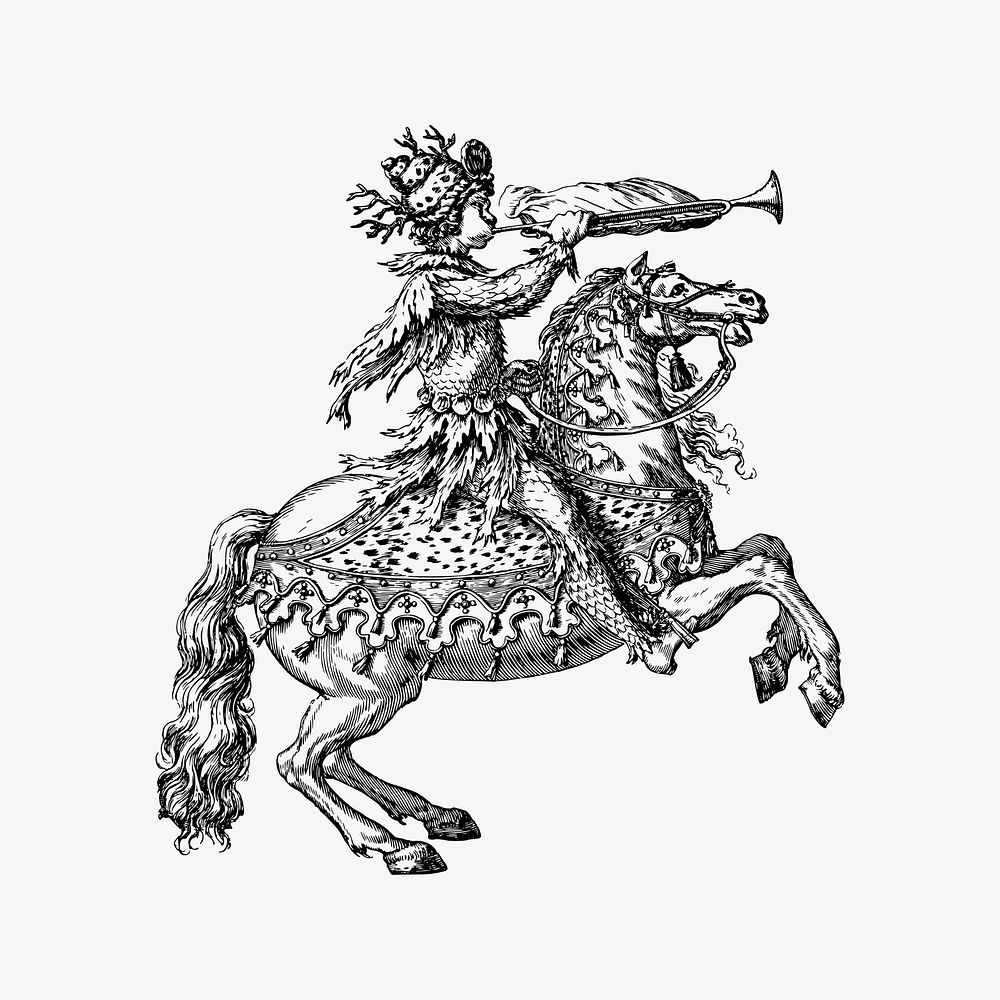 Man on horse collage element, drawing illustration vector. Free public domain CC0 image.