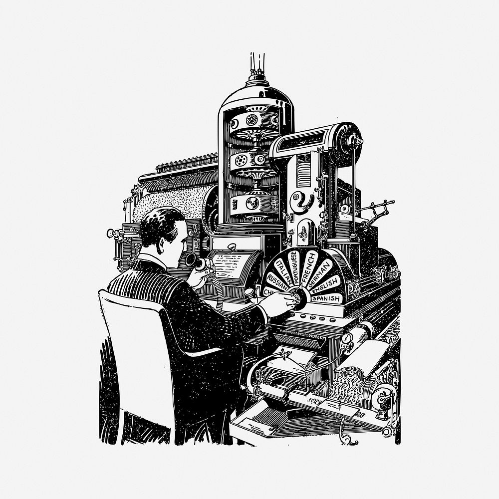Machine translation, vintage drawing illustration. Free public domain CC0 image.