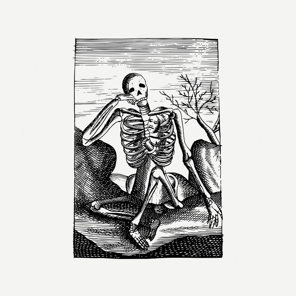 Thinking skeleton clipart, vintage illustration psd. Free public domain CC0 image.