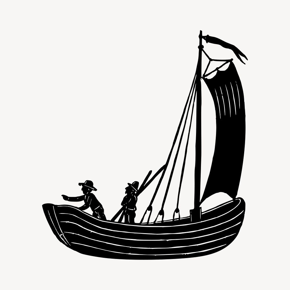 People on boat collage element, drawing illustration vector. Free public domain CC0 image.