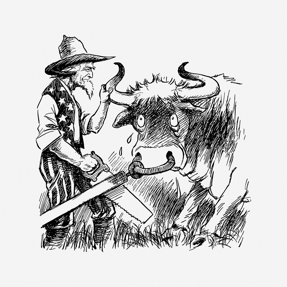 Uncle Sam & bull, vintage drawing illustration. Free public domain CC0 image.