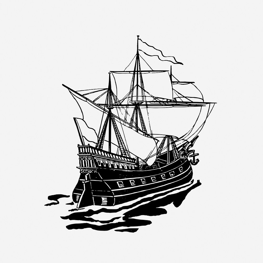 Jamestown ships, vintage drawing illustration. Free public domain CC0 image.