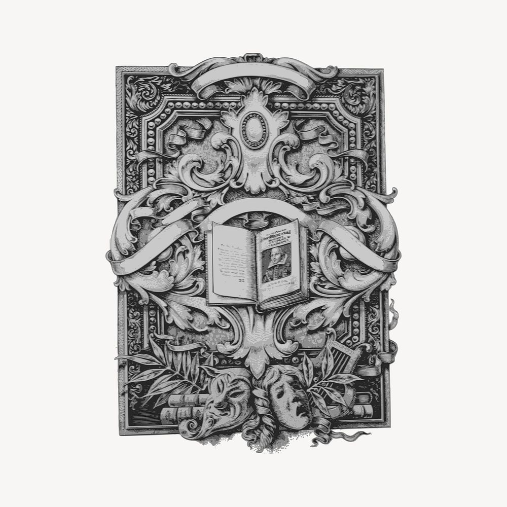 Ornamental bookplate collage element, drawing illustration vector. 