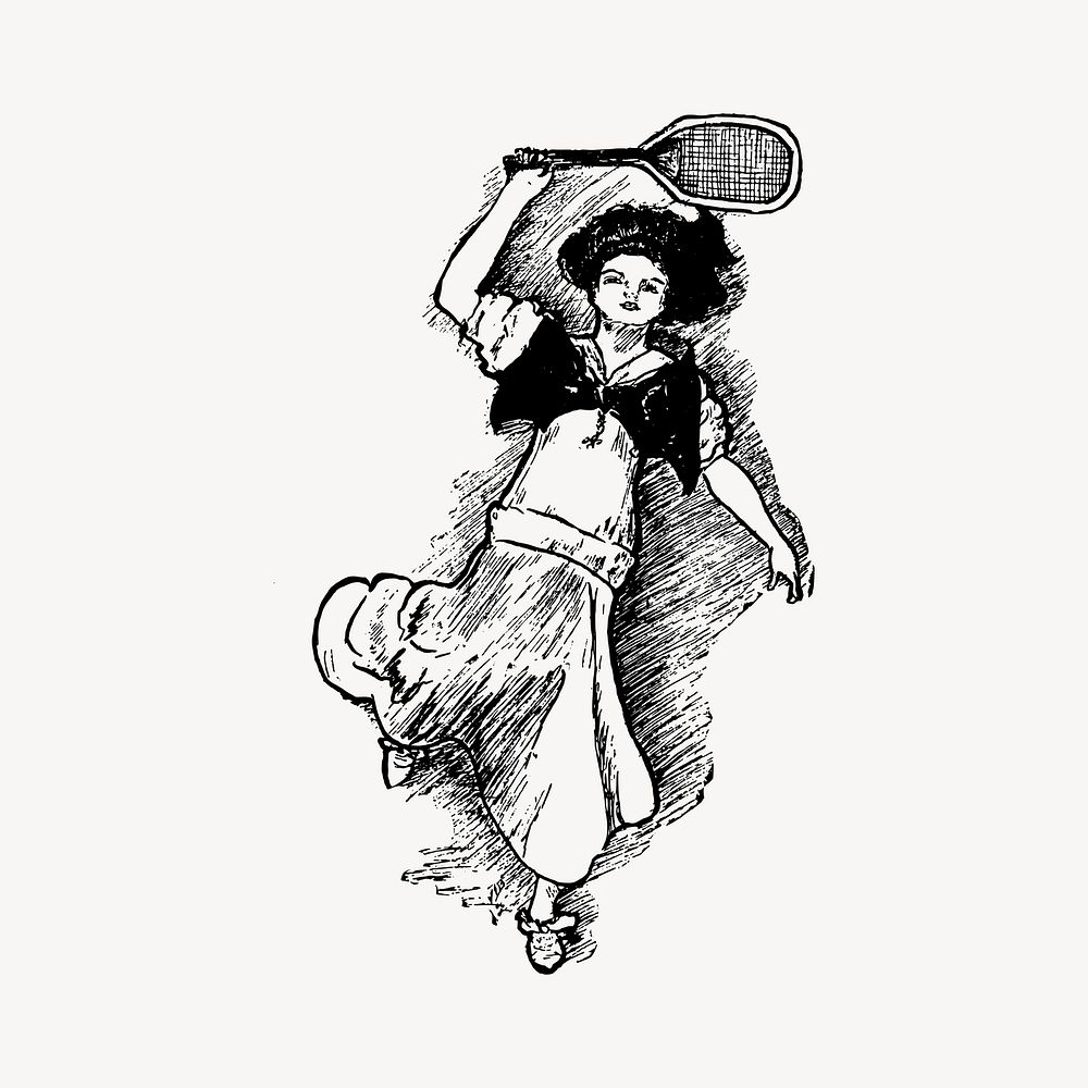 Woman & racket collage element, drawing illustration vector. Free public domain CC0 image.