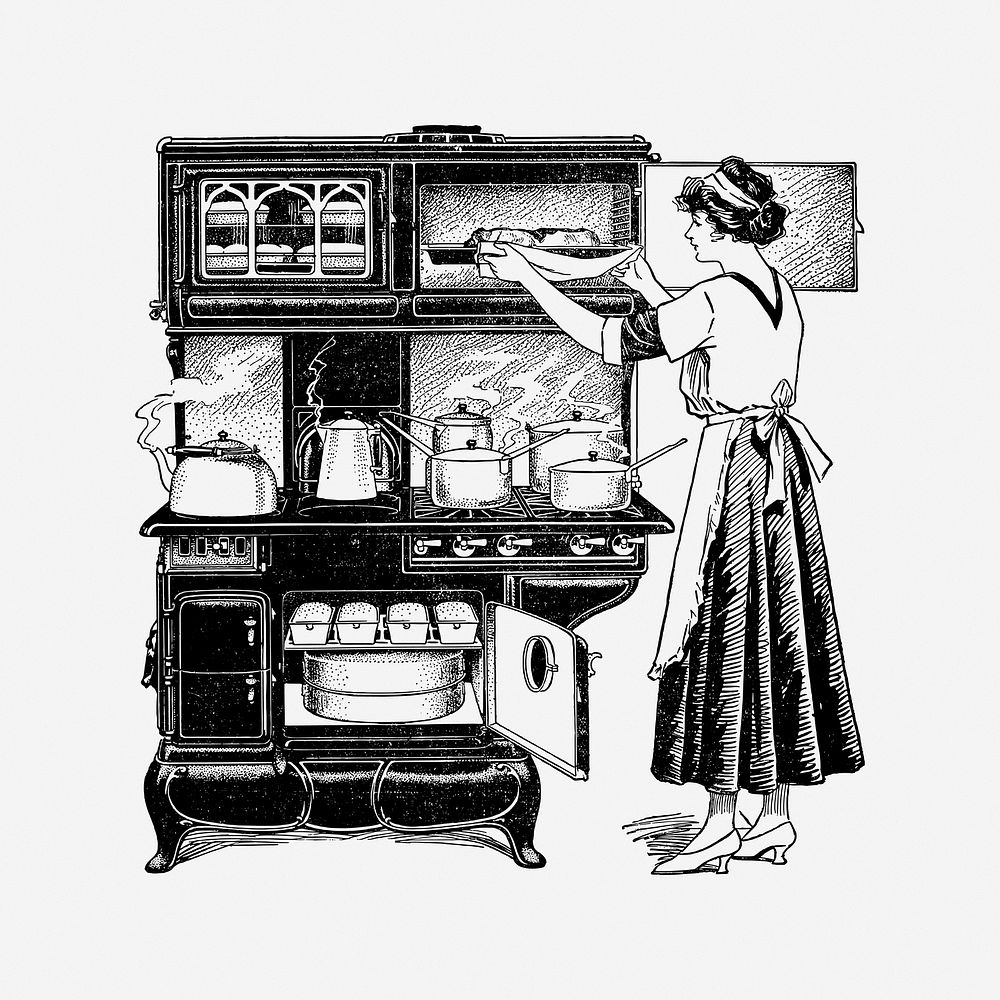 Woman cooking, vintage drawing illustration. Free public domain CC0 image.