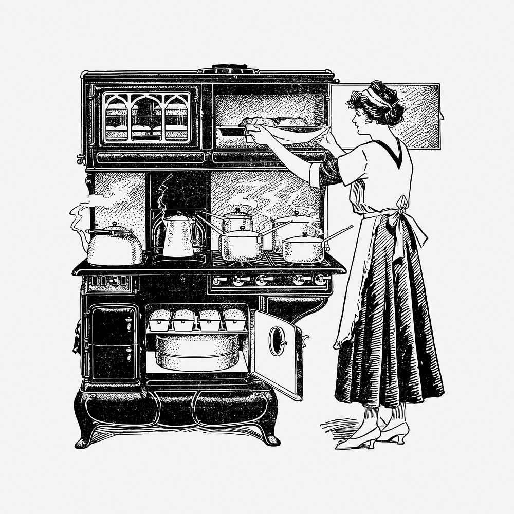 Woman cooking clipart, vintage illustration psd. Free public domain CC0 image.
