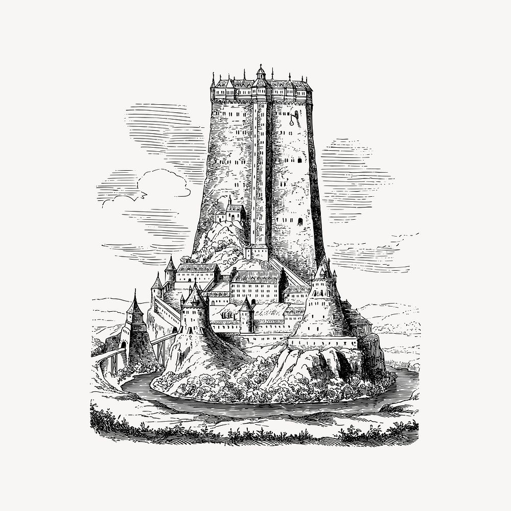 Tower castle collage element, drawing illustration vector. Free public domain CC0 image.