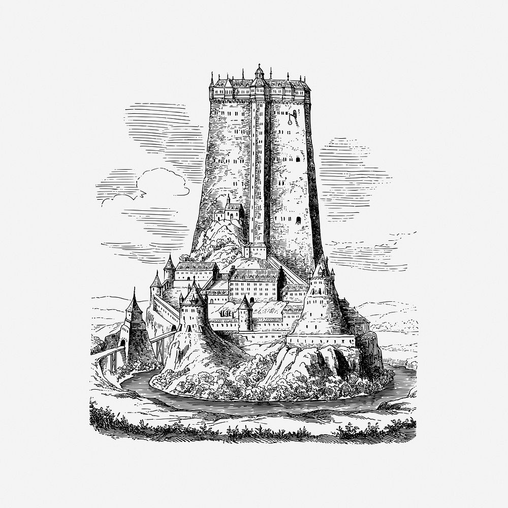 Tower castle, vintage drawing illustration. Free public domain CC0 image.