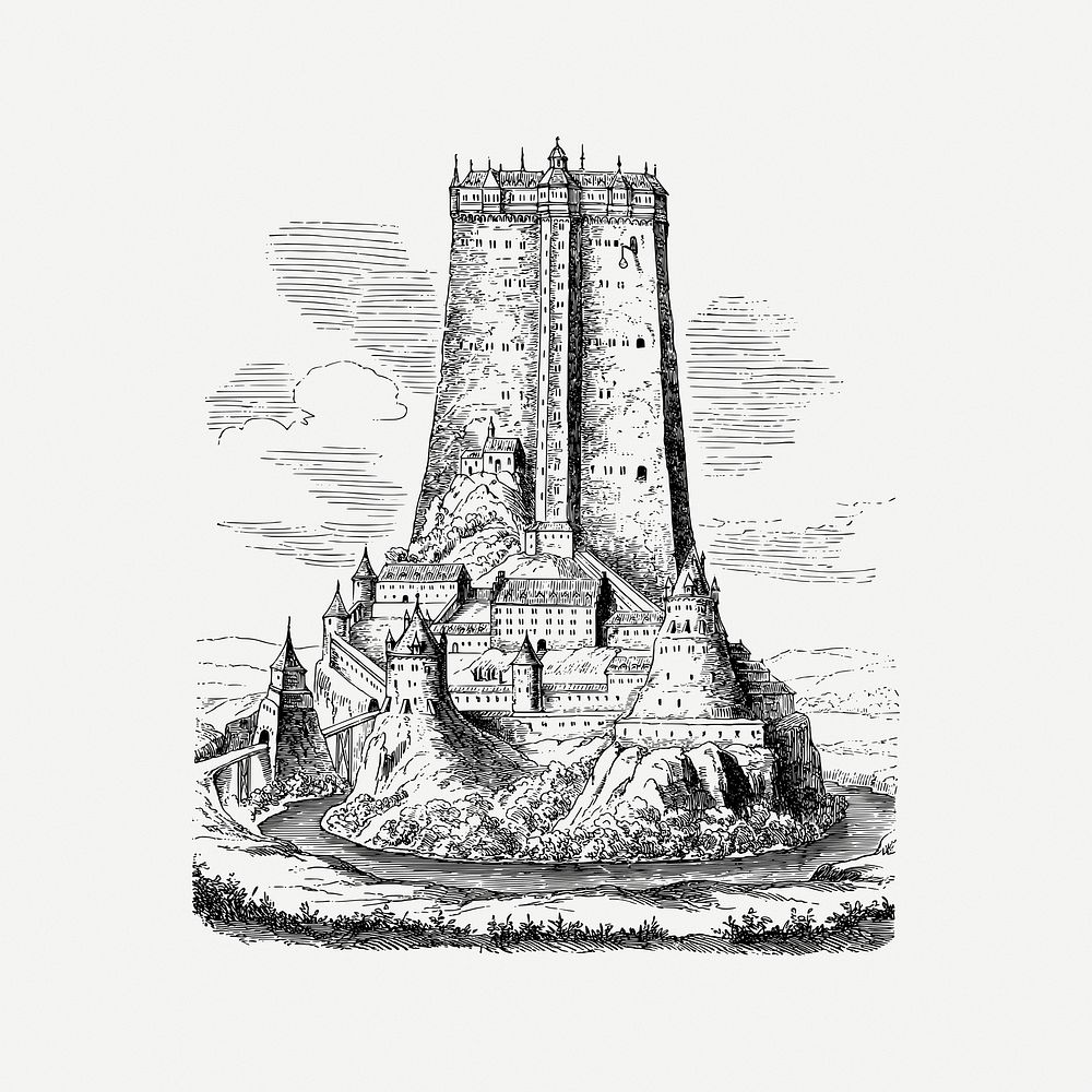 Tower castle clipart, vintage illustration psd. Free public domain CC0 image.