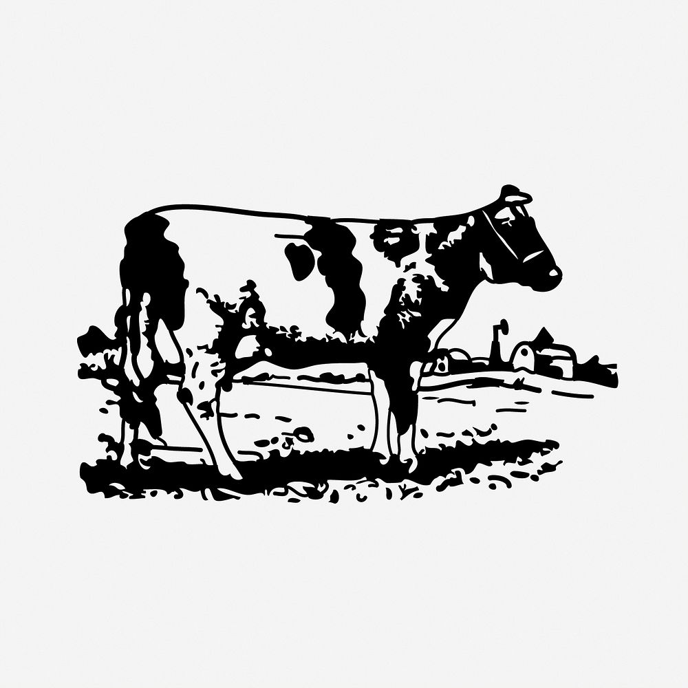 Cow, black & white illustration. Free public domain CC0 image.