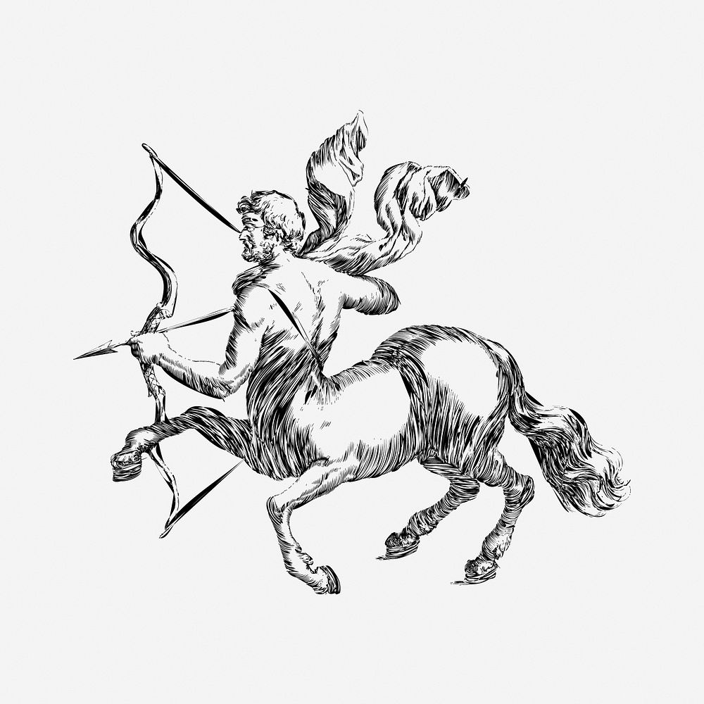 Centaur, black & white illustration. Free public domain CC0 image.