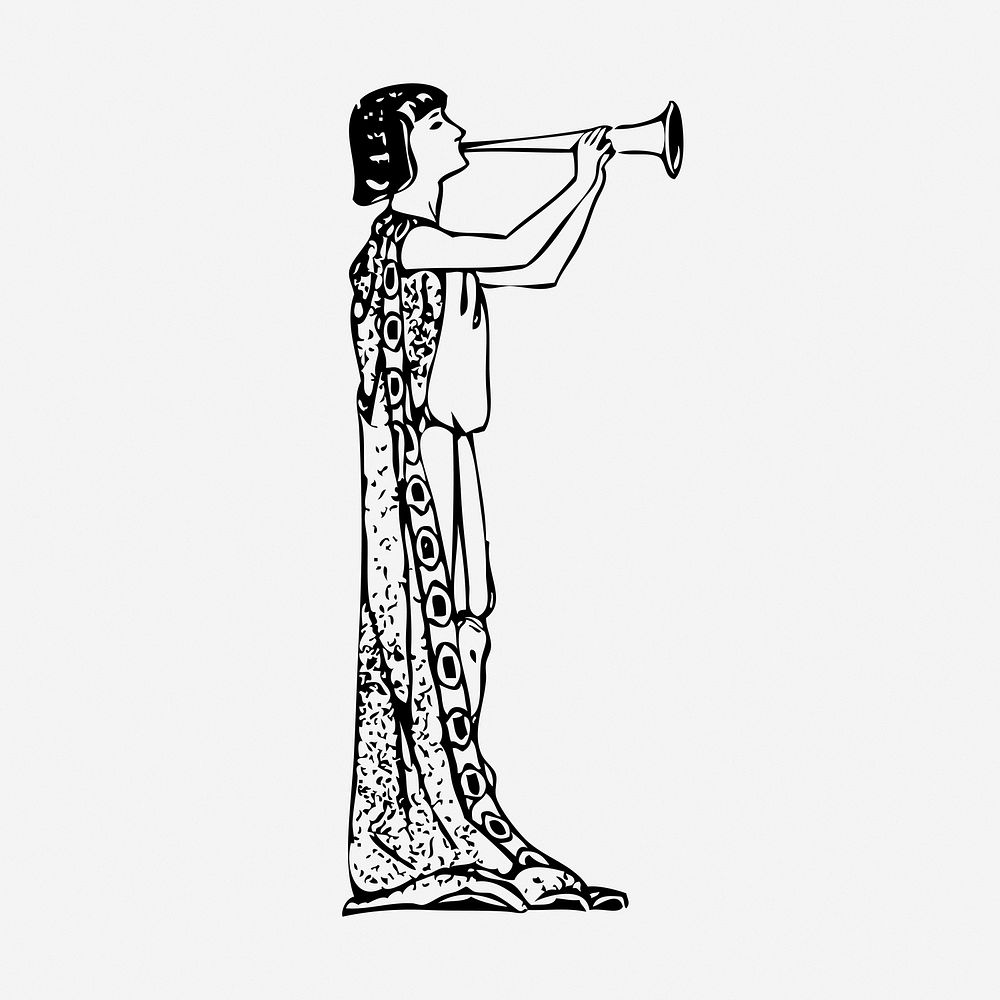 Girl playing flute, black & white illustration. Free public domain CC0 image.