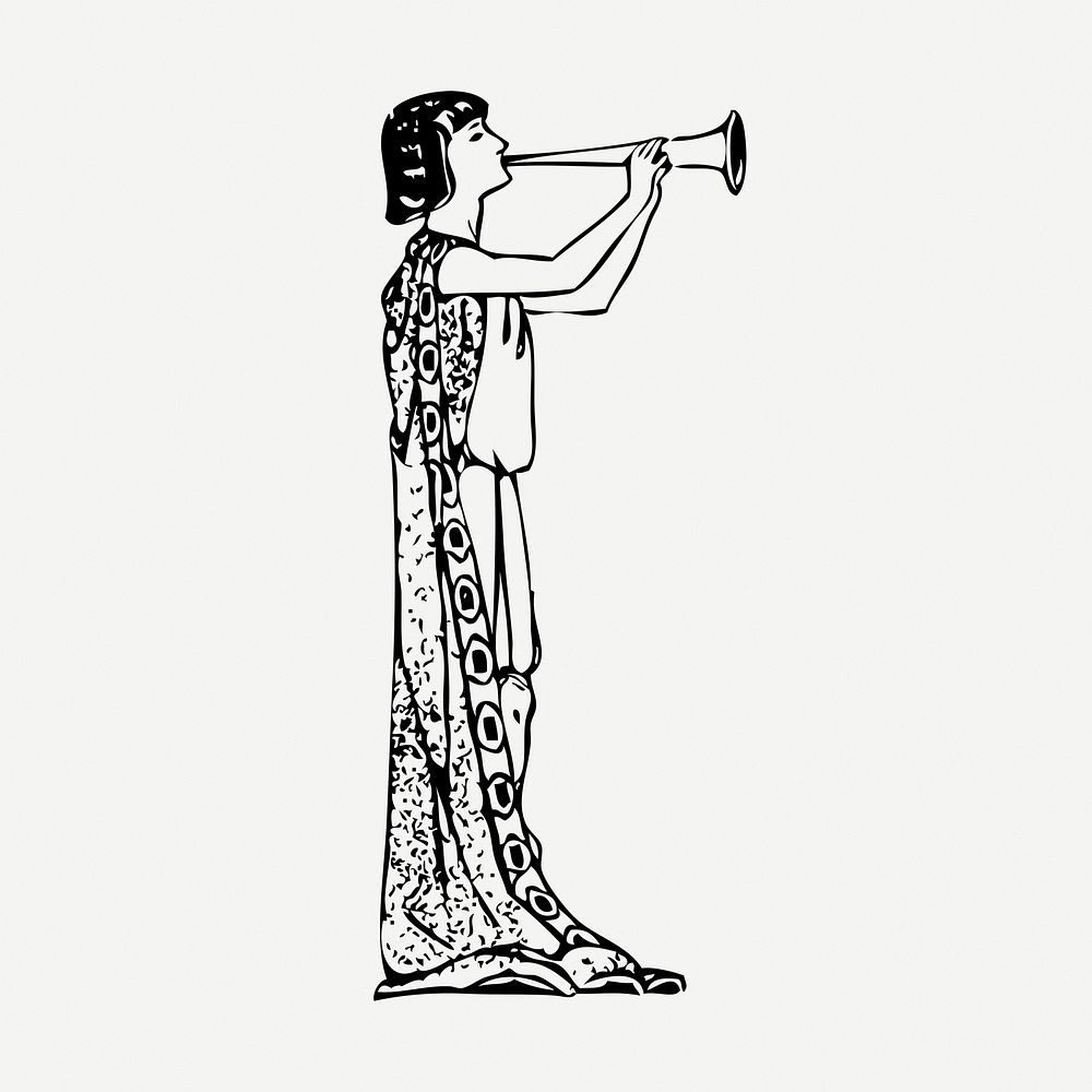 Girl playing flute collage element, black & white illustration psd. Free public domain CC0 image.