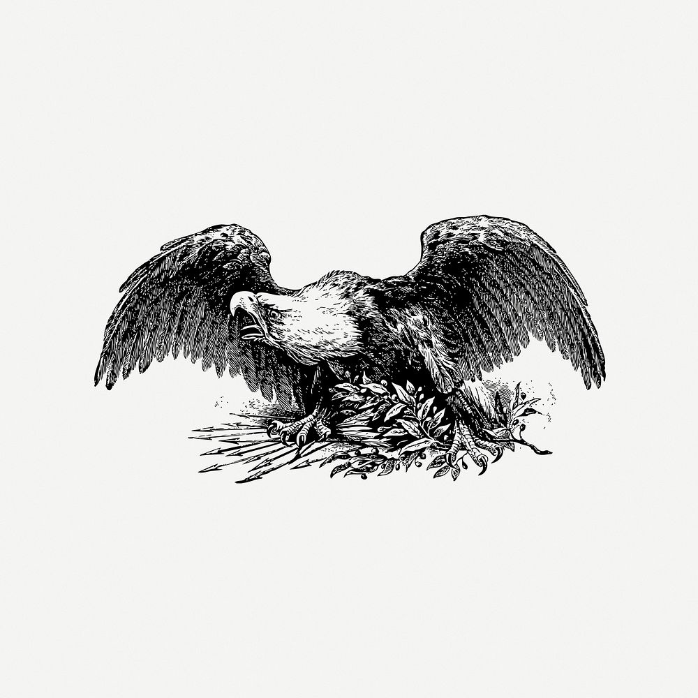 Eagle collage element, black & white illustration psd. Free public domain CC0 image.