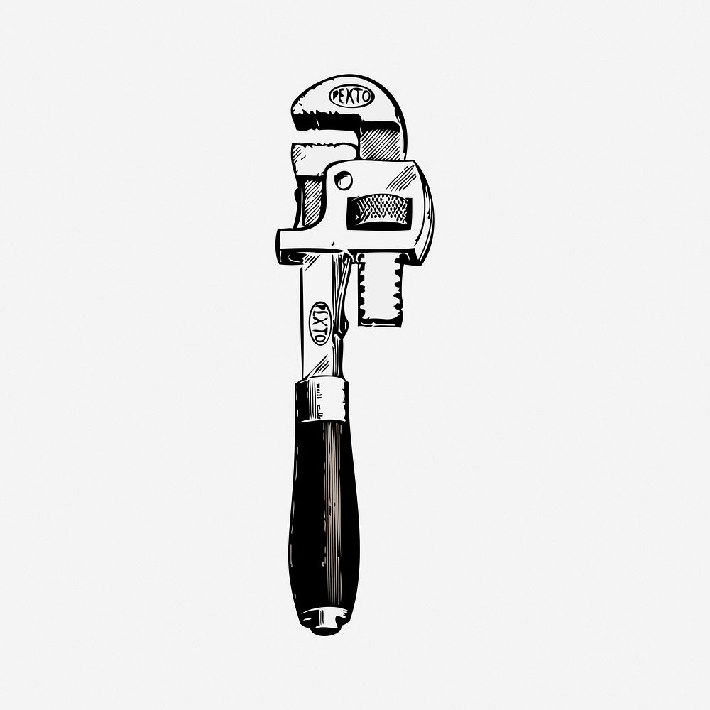 Pipe wrench, black & white illustration. Free public domain CC0 image.
