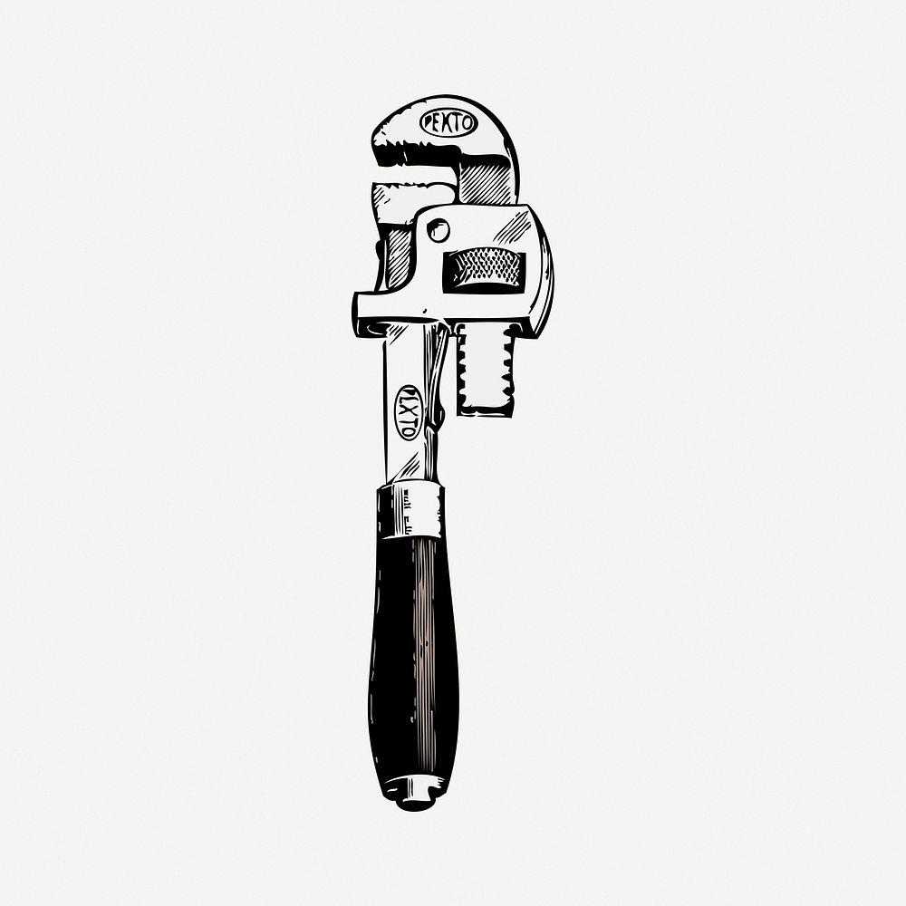Pipe wrench collage element, black & white illustration psd. Free public domain CC0 image.