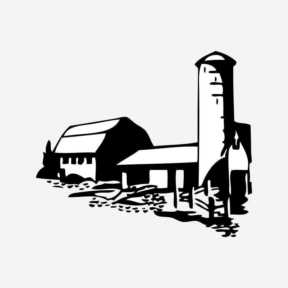 Farm, black & white illustration. Free public domain CC0 image.