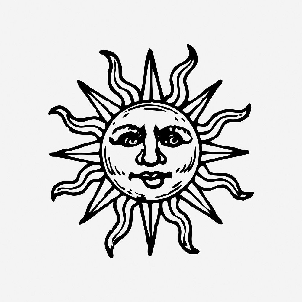 Vintage sun, black & white illustration. Free public domain CC0 image.