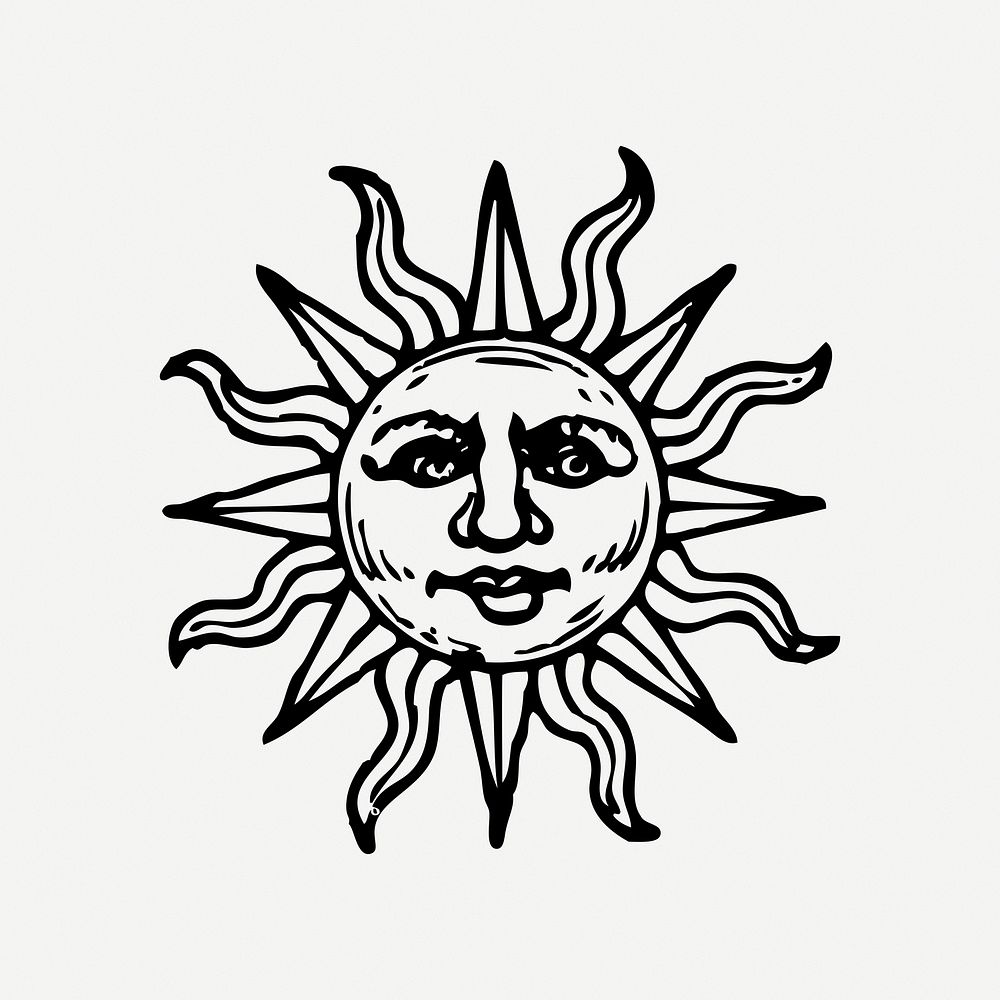 Vintage sun collage element, black & white illustration psd. Free public domain CC0 image.