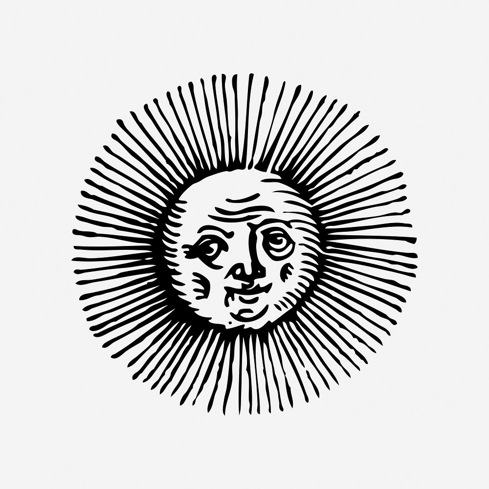 Sun, black & white illustration. Free public domain CC0 image.