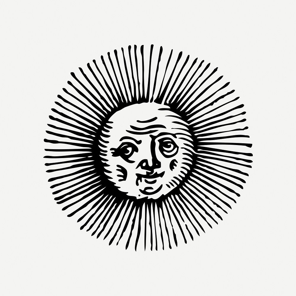 Sun collage element, black & white illustration psd. Free public domain CC0 image.