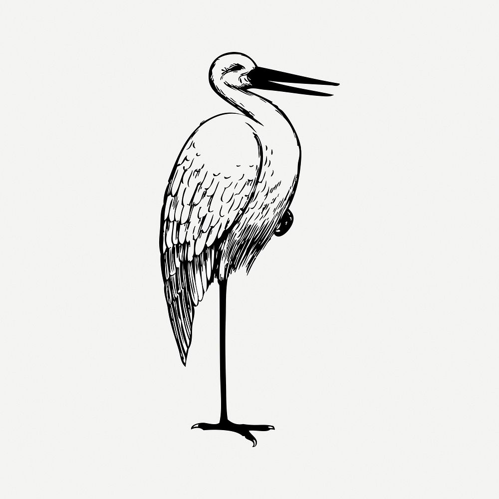 Stork collage element, black & white illustration psd. Free public domain CC0 image.