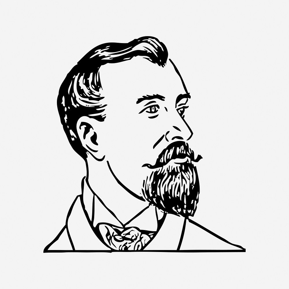 Bearded man, black & white illustration. Free public domain CC0 image.