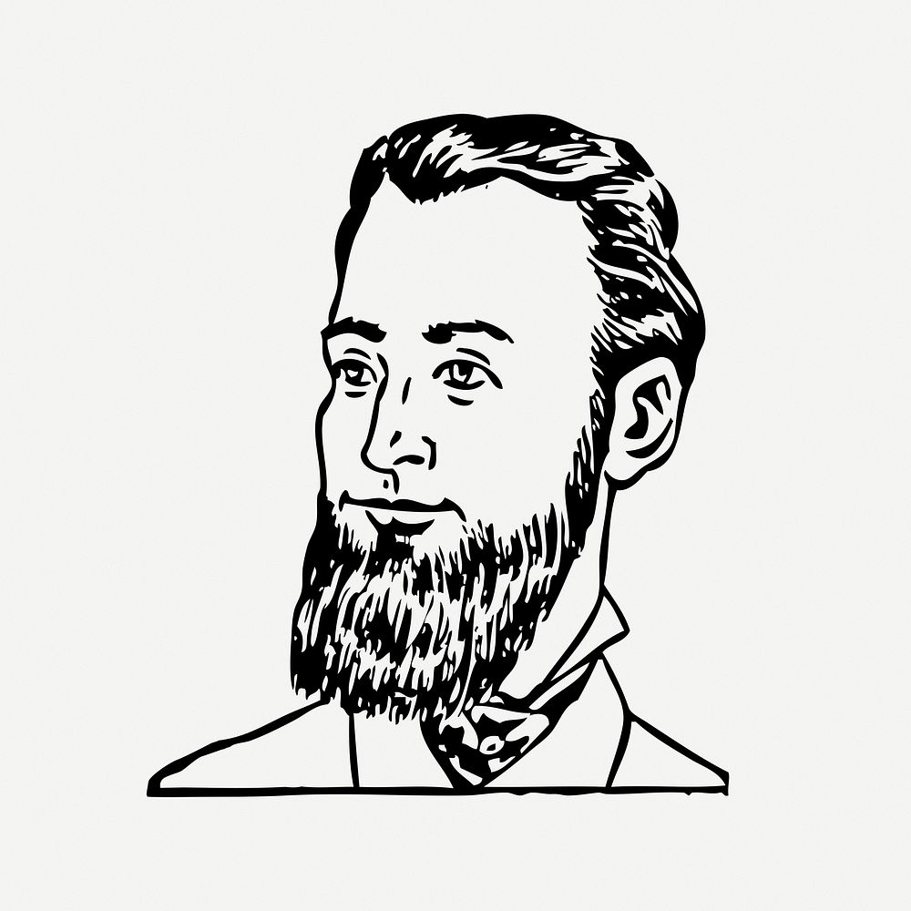 Bearded man collage element, black & white illustration psd. Free public domain CC0 image.