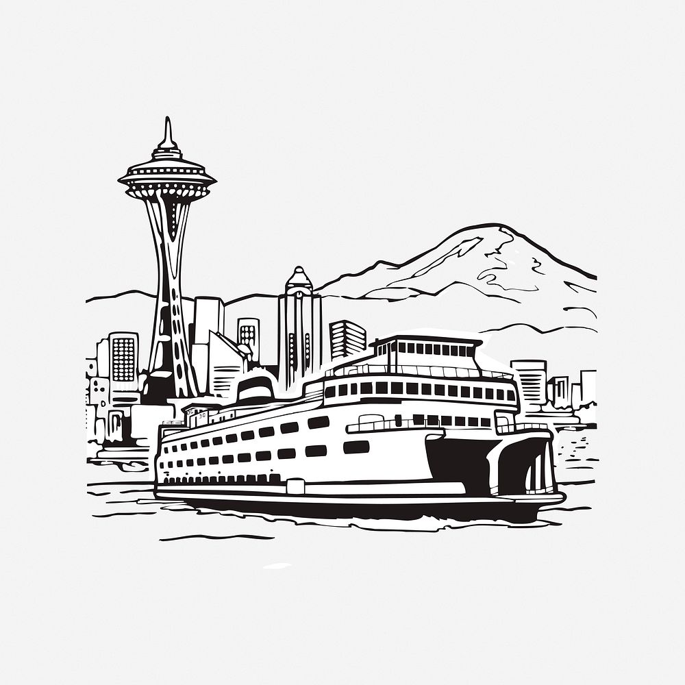 Cruise ship, black & white illustration. Free public domain CC0 image.