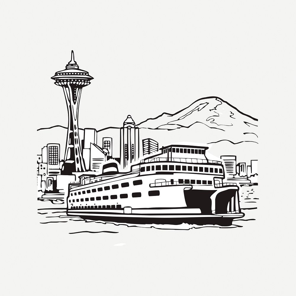 Cruise ship collage element, black & white illustration psd. Free public domain CC0 image.