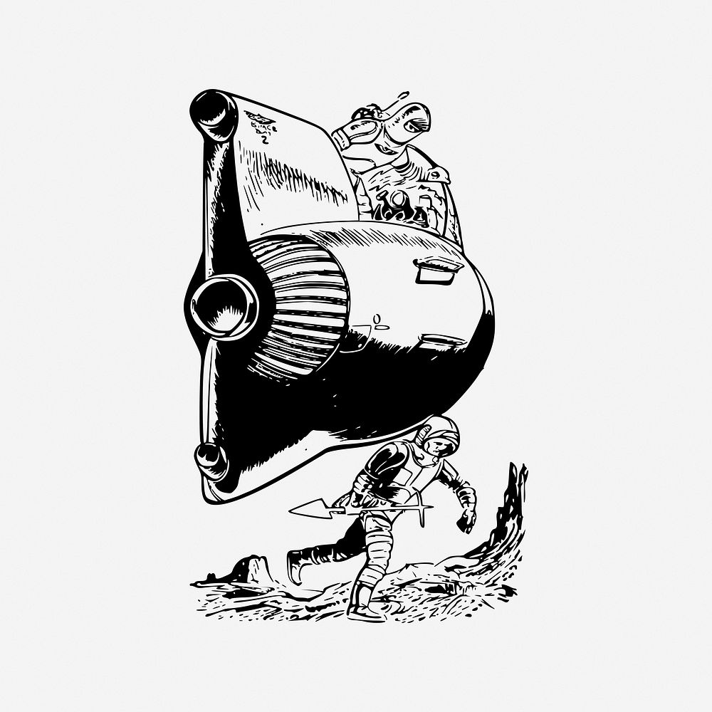 Space mission, black & white illustration. Free public domain CC0 image.