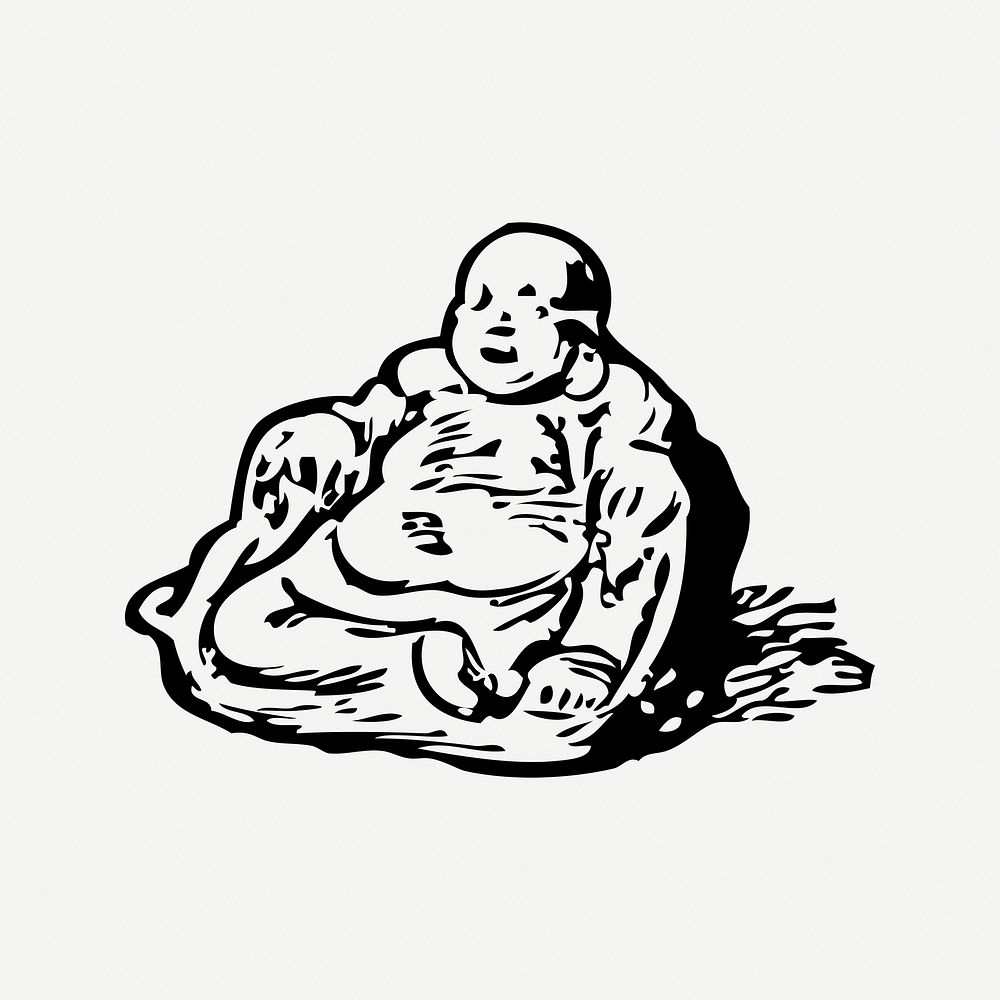 Chinese buddha collage element, black & white illustration psd. Free public domain CC0 image.