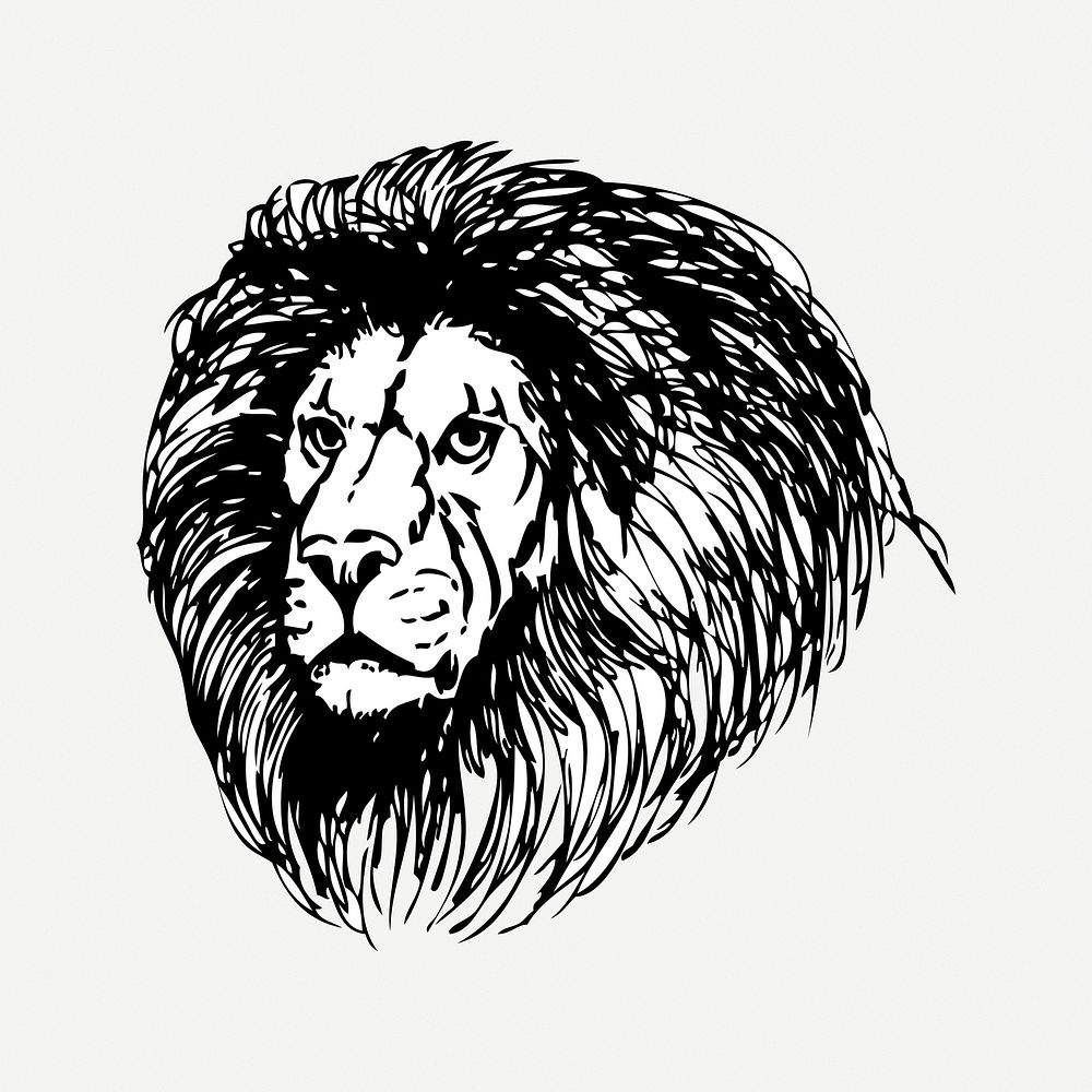 Lion collage element, black & white illustration psd. Free public domain CC0 image.