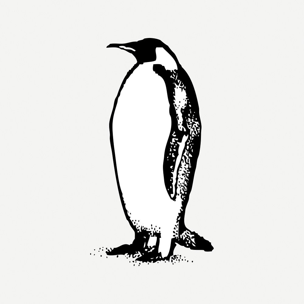 Penguin collage element, black & white illustration psd. Free public domain CC0 image.