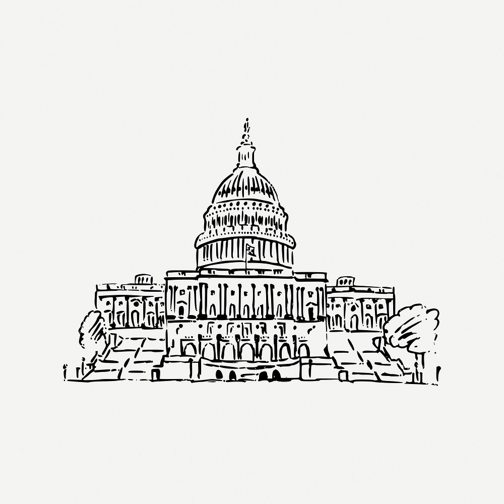 United States Capitol collage element, black & white illustration psd. Free public domain CC0 image.