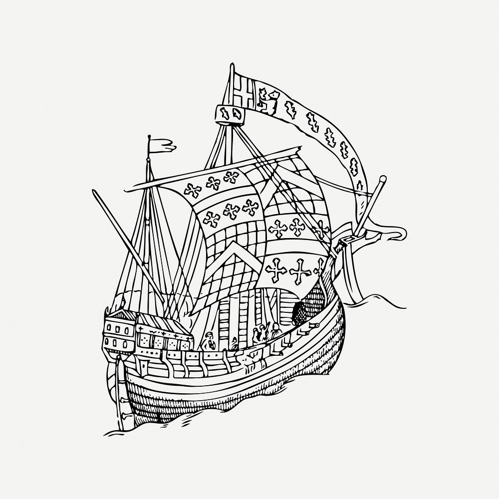 Sail ship collage element, black & white illustration psd. Free public domain CC0 image.