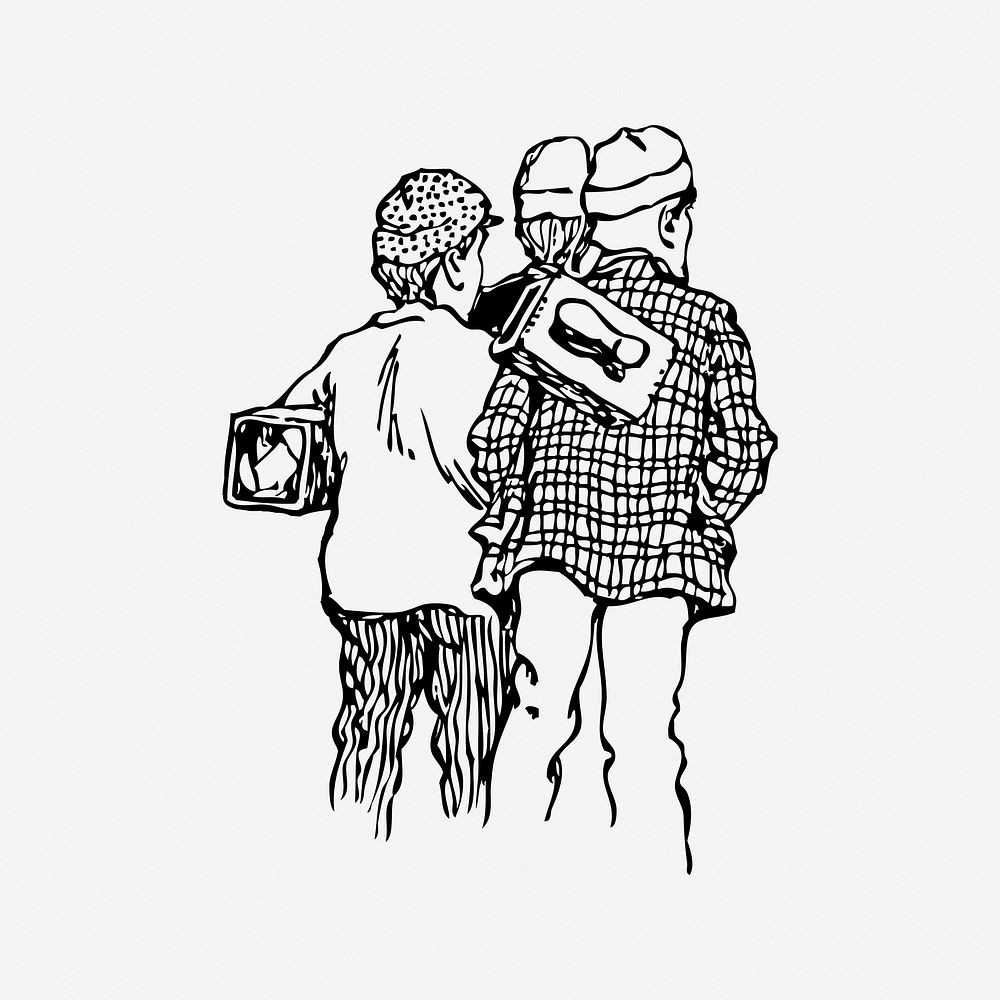 Teenagers, black & white illustration. Free public domain CC0 image.