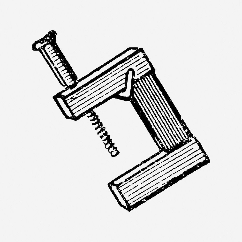 Clamp tool, black & white illustration. Free public domain CC0 image.