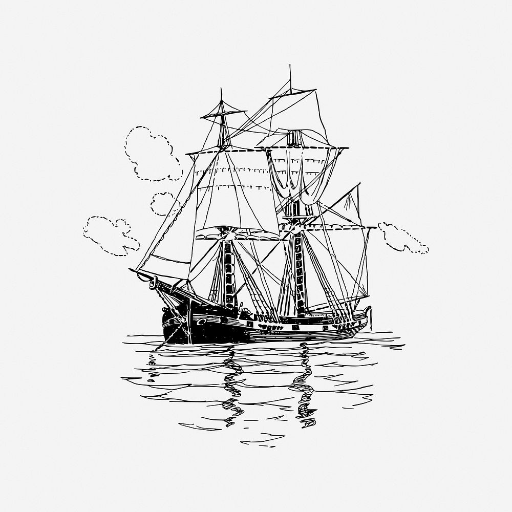 Sailing ship, black & white illustration. Free public domain CC0 image.