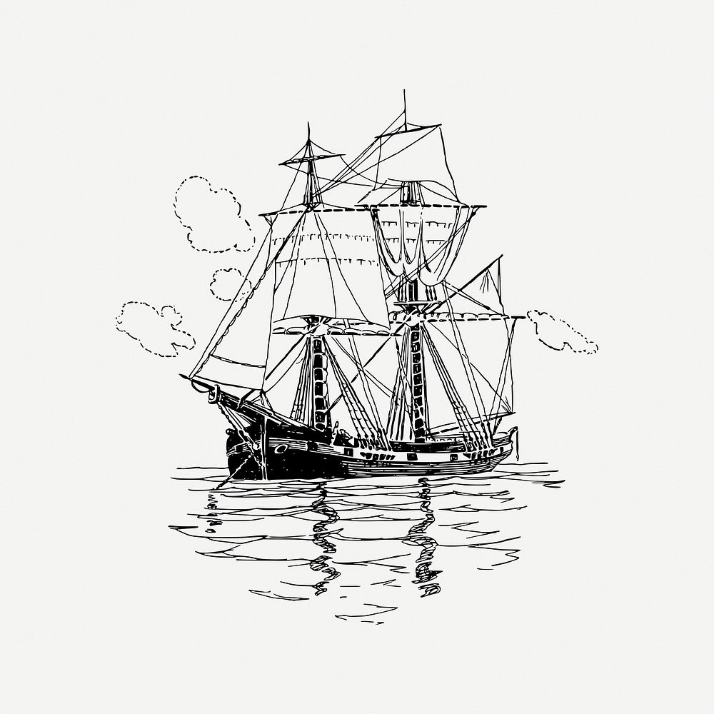 Sailing ship collage element, black & white illustration psd. Free public domain CC0 image.