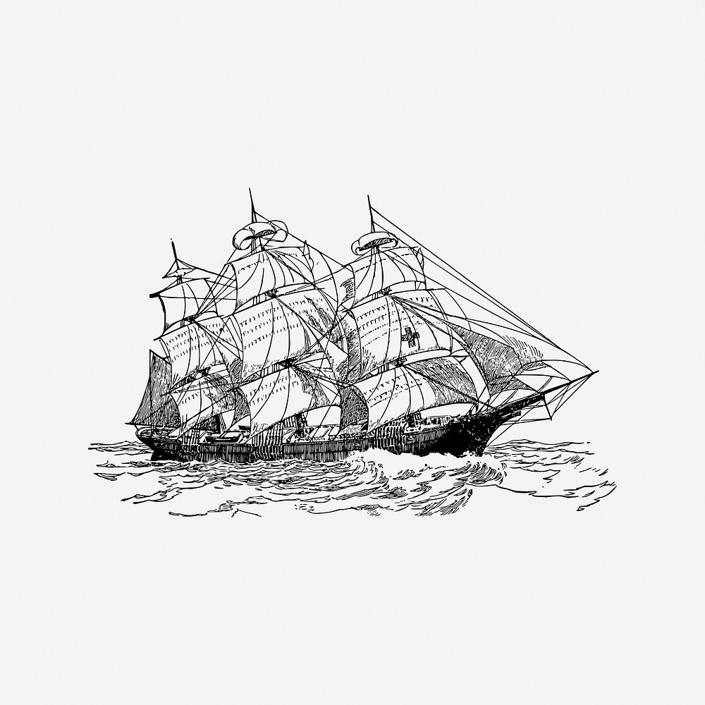 Tall ship, black & white illustration. Free public domain CC0 image.