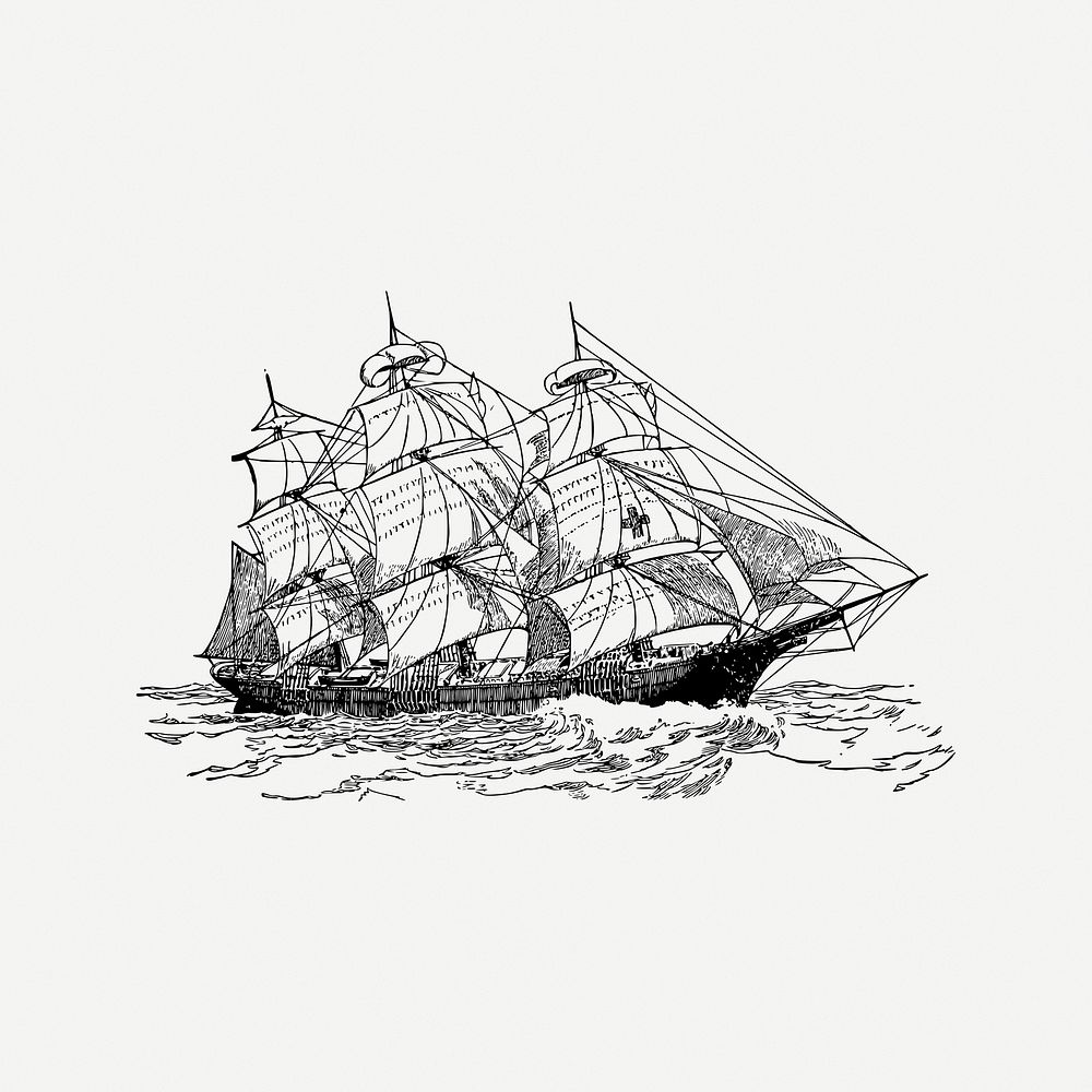 Tall ship collage element, black & white illustration psd. Free public domain CC0 image.