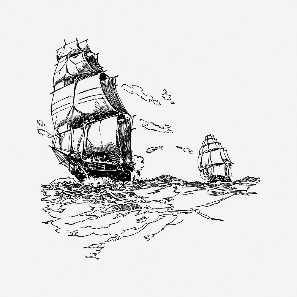 Sailing ship collage element, black & white illustration psd. Free public domain CC0 image.