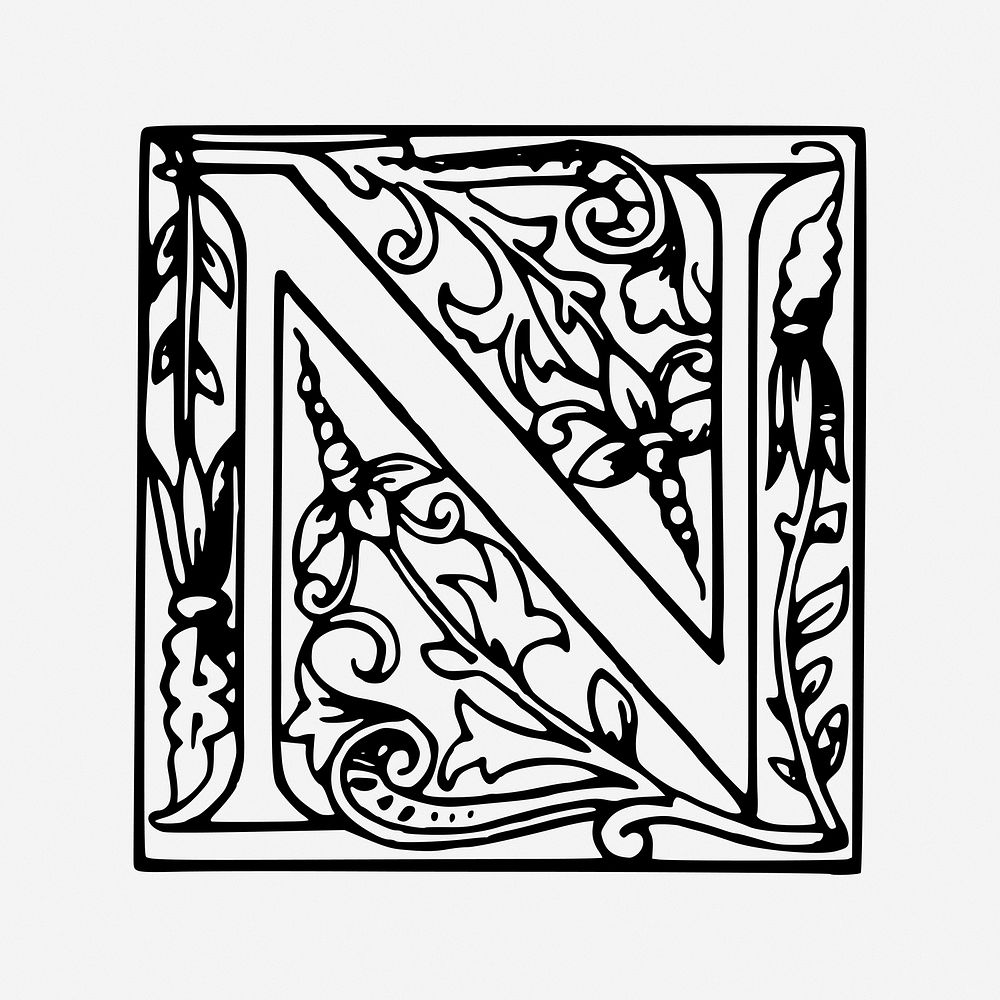 Letter N, black & white illustration. Free public domain CC0 image.