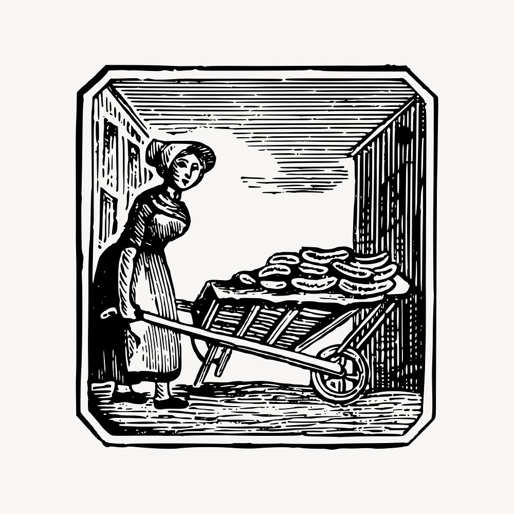 Woman pushing wheelbarrow clipart, vintage illustration vector. Free public domain CC0 image.