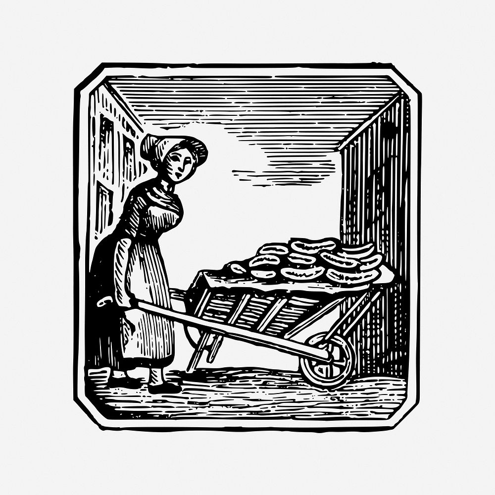 Woman pushing wheelbarrow, black & white illustration. Free public domain CC0 image.