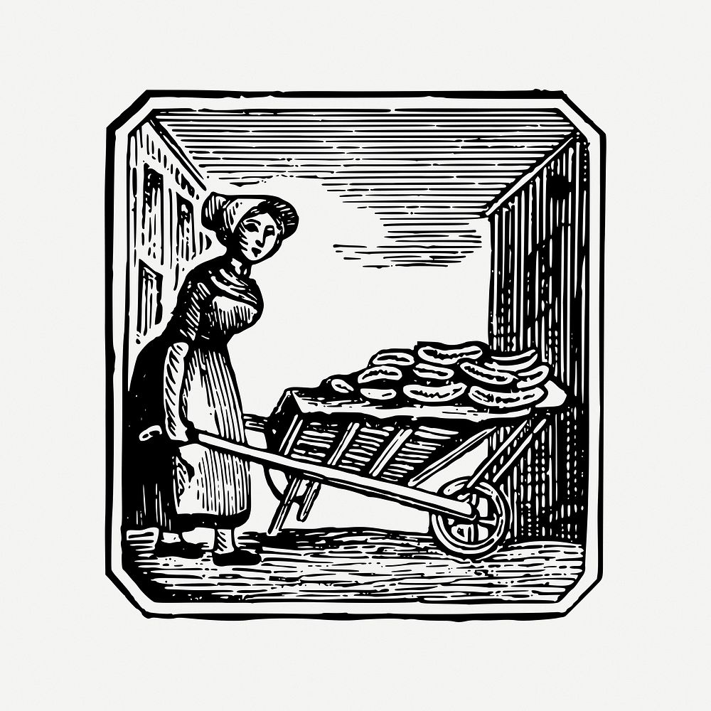 Woman pushing wheelbarrow collage element, black & white illustration psd. Free public domain CC0 image.